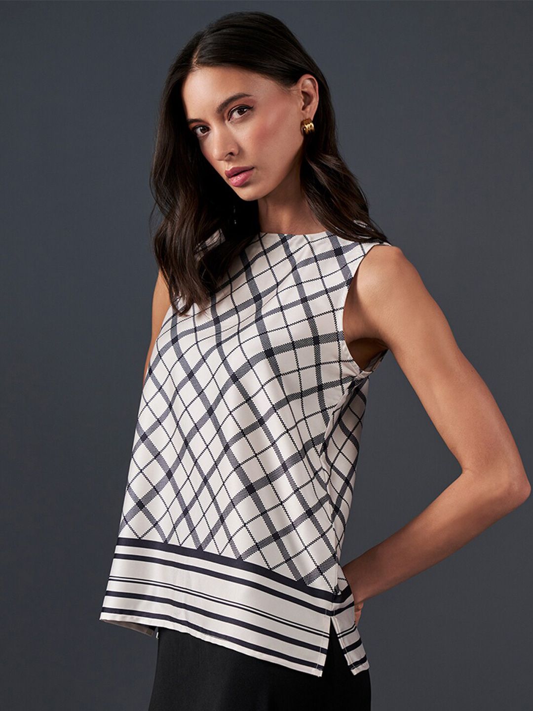 AND Checked Round Neck Styled Back Top