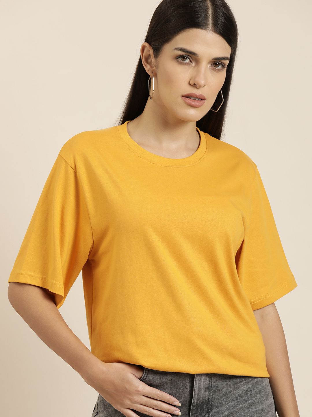Difference of Opinion Women Mustard Yellow Solid Pure Cotton Oversized T-shirt