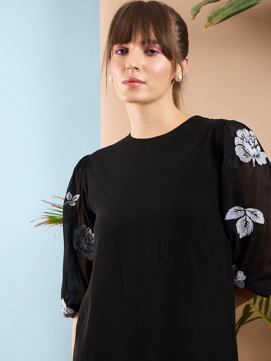 SASSAFRAS Floral Printed Puff Sleeves Round Neck A-Line Dress