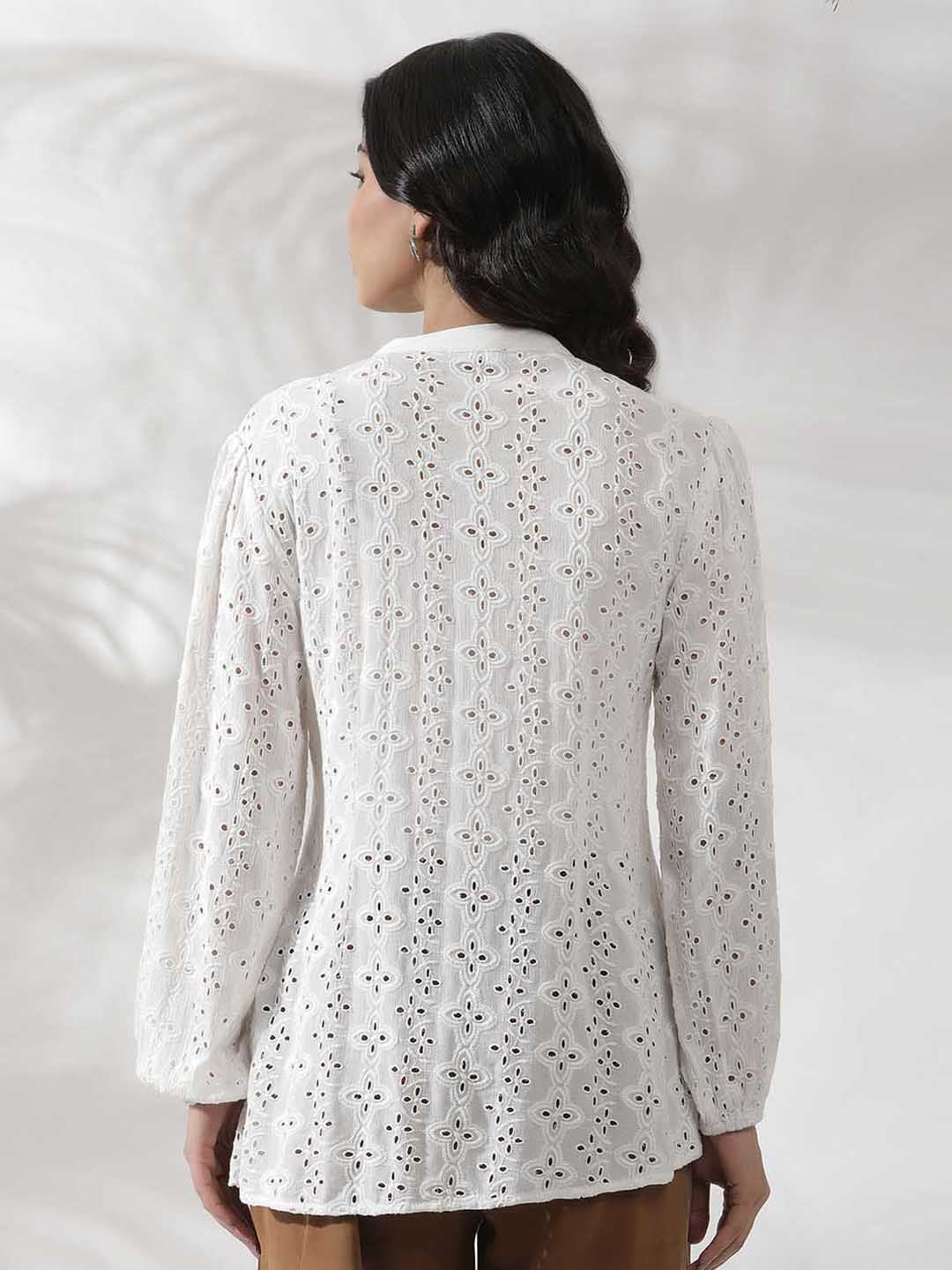 W Self Design Mandarin Collar Puffed Sleeves Shirt Style Top