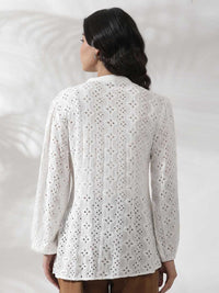 W Self Design Mandarin Collar Puffed Sleeves Shirt Style Top
