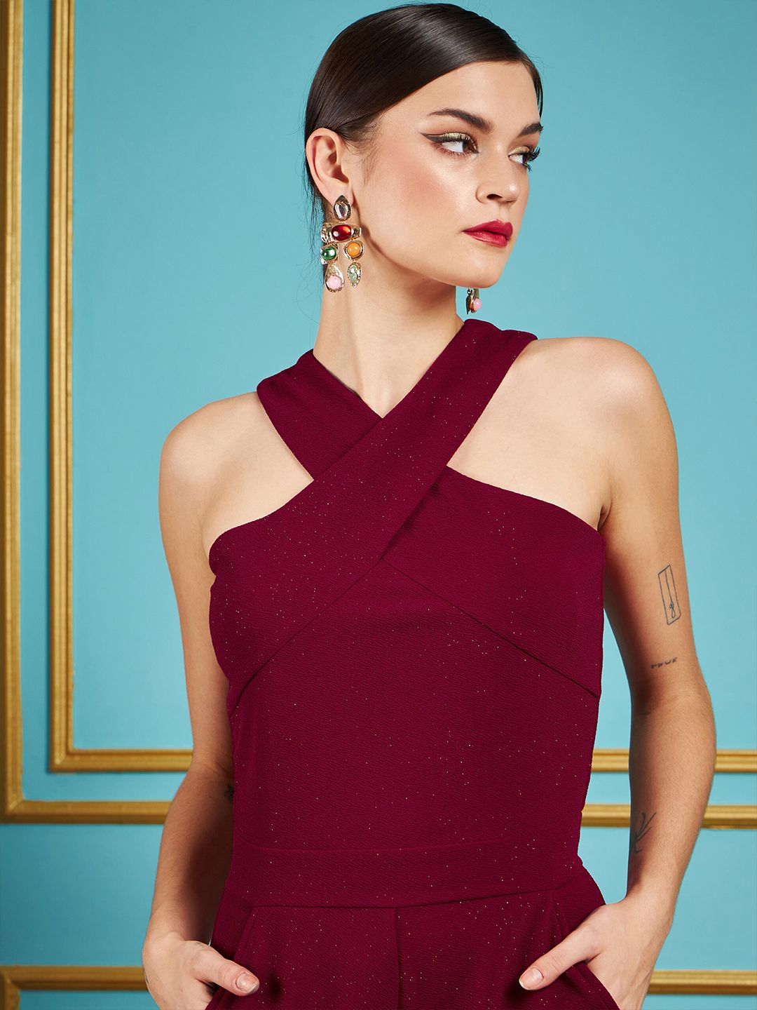 SASSAFRAS Maroon Halter Neck Basic Jumpsuit