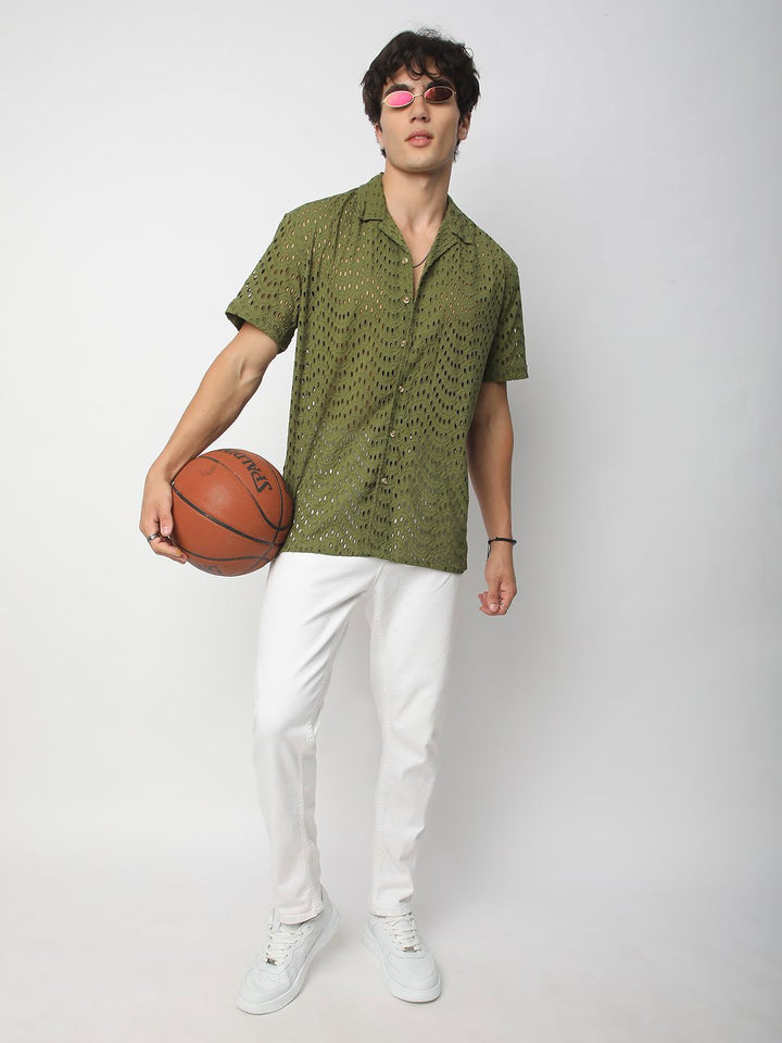 VASTRADO Men Classic Cuban Collar Textured Cotton Oversized Casual Shirt