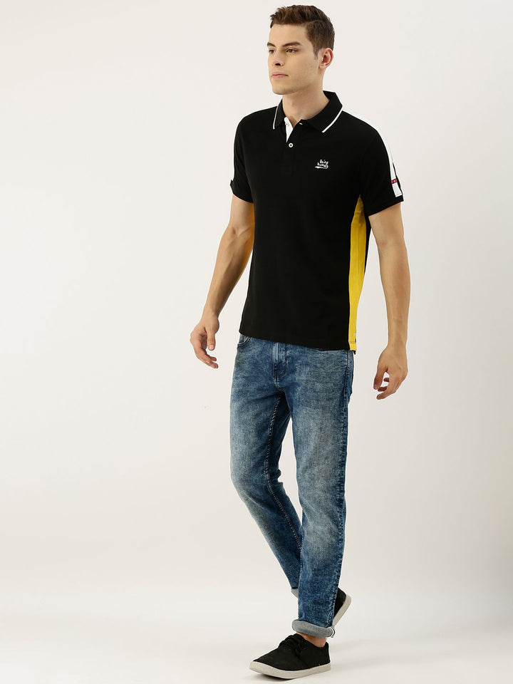 Being Human Clothing Men Black Solid Polo Collar Pure Cotton T-shirt with Side Stripes