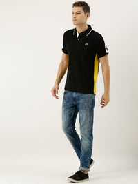 Being Human Clothing Men Black Solid Polo Collar Pure Cotton T-shirt with Side Stripes