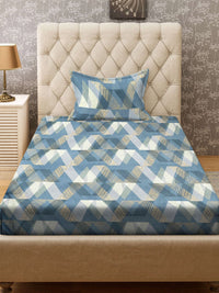 KLOTTHE Turquoise Blue & White Printed Fitted 300TC Single Bedsheet & Pillow Covers