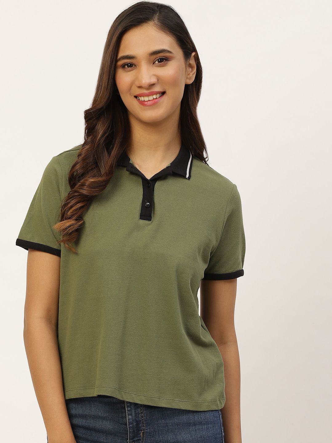 DressBerry Women Olive Green Polo Collar Pure Cotton T-shirt