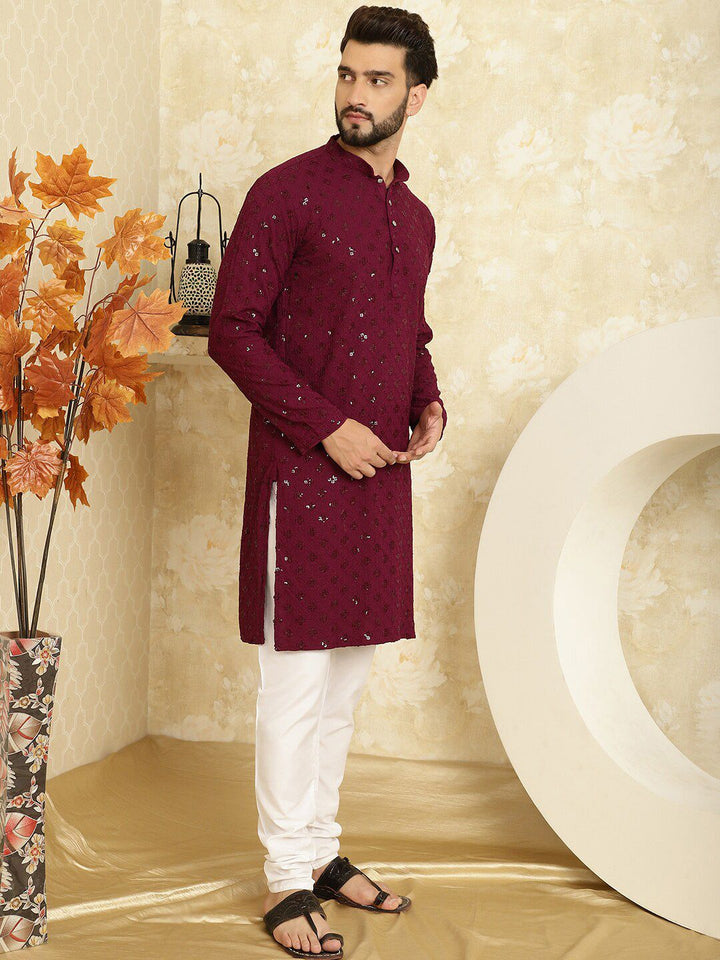 SOJANYA Geometric Embroidered Band Collar Sequinned Pure Cotton Kurta With Churidar