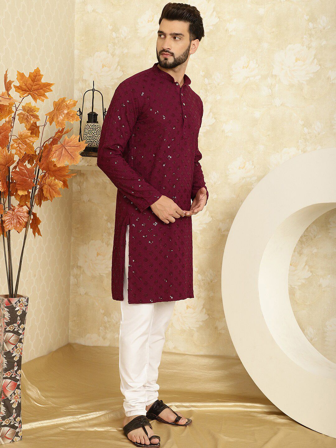 SOJANYA Geometric Embroidered Band Collar Sequinned Pure Cotton Kurta With Churidar