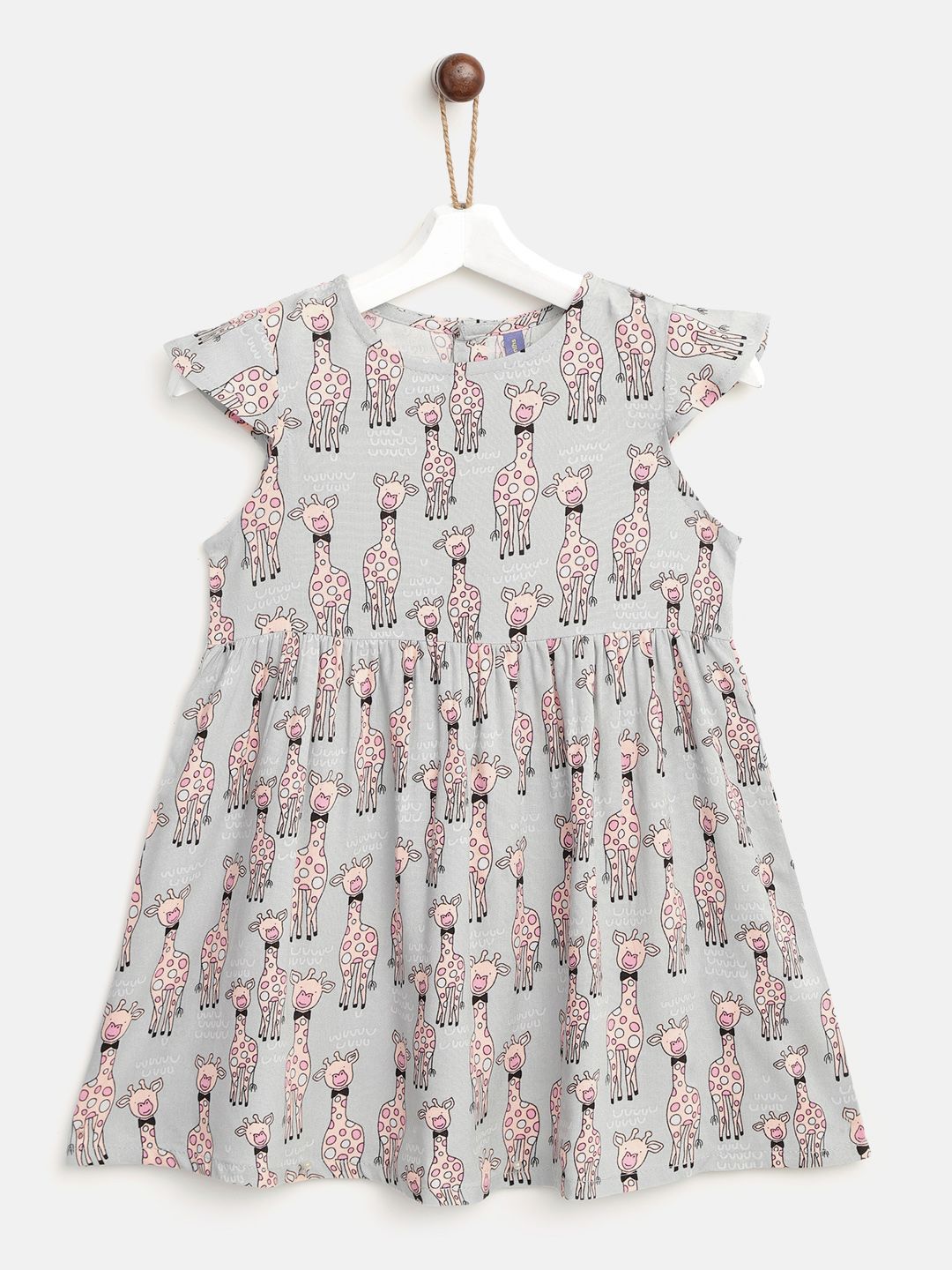 YK Infant Girls Grey & Peach-Coloured Giraffe Print Fit & Flare Dress