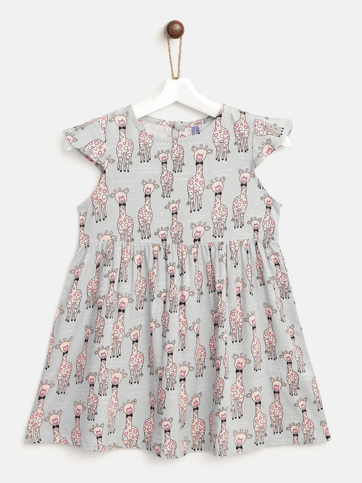 YK Infant Girls Grey & Peach-Coloured Giraffe Print Fit & Flare Dress