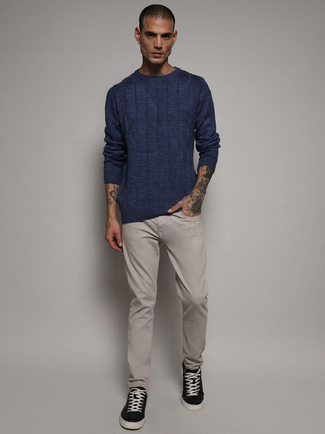 Campus Sutra Blue Cable Knit Self Design Woollen Pullover