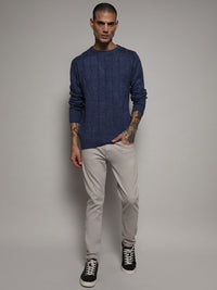 Campus Sutra Blue Cable Knit Self Design Woollen Pullover