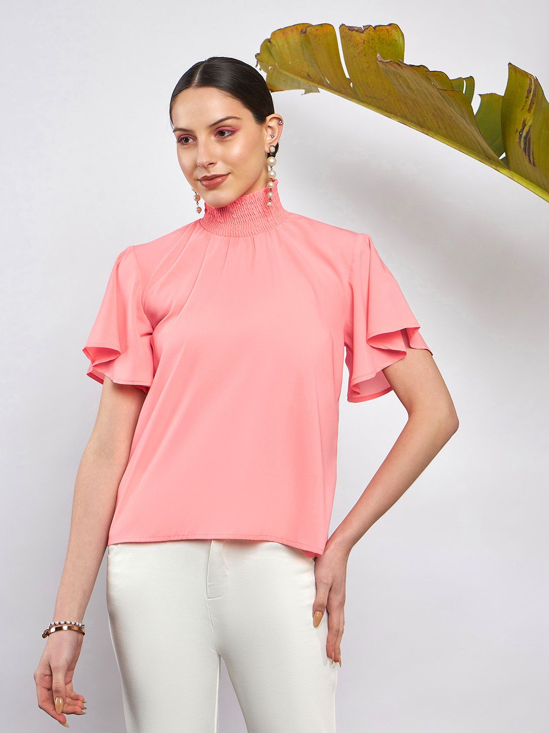 SASSAFRAS Peach-Coloured High Neck Flared Sleeve Smocked Georgette Top