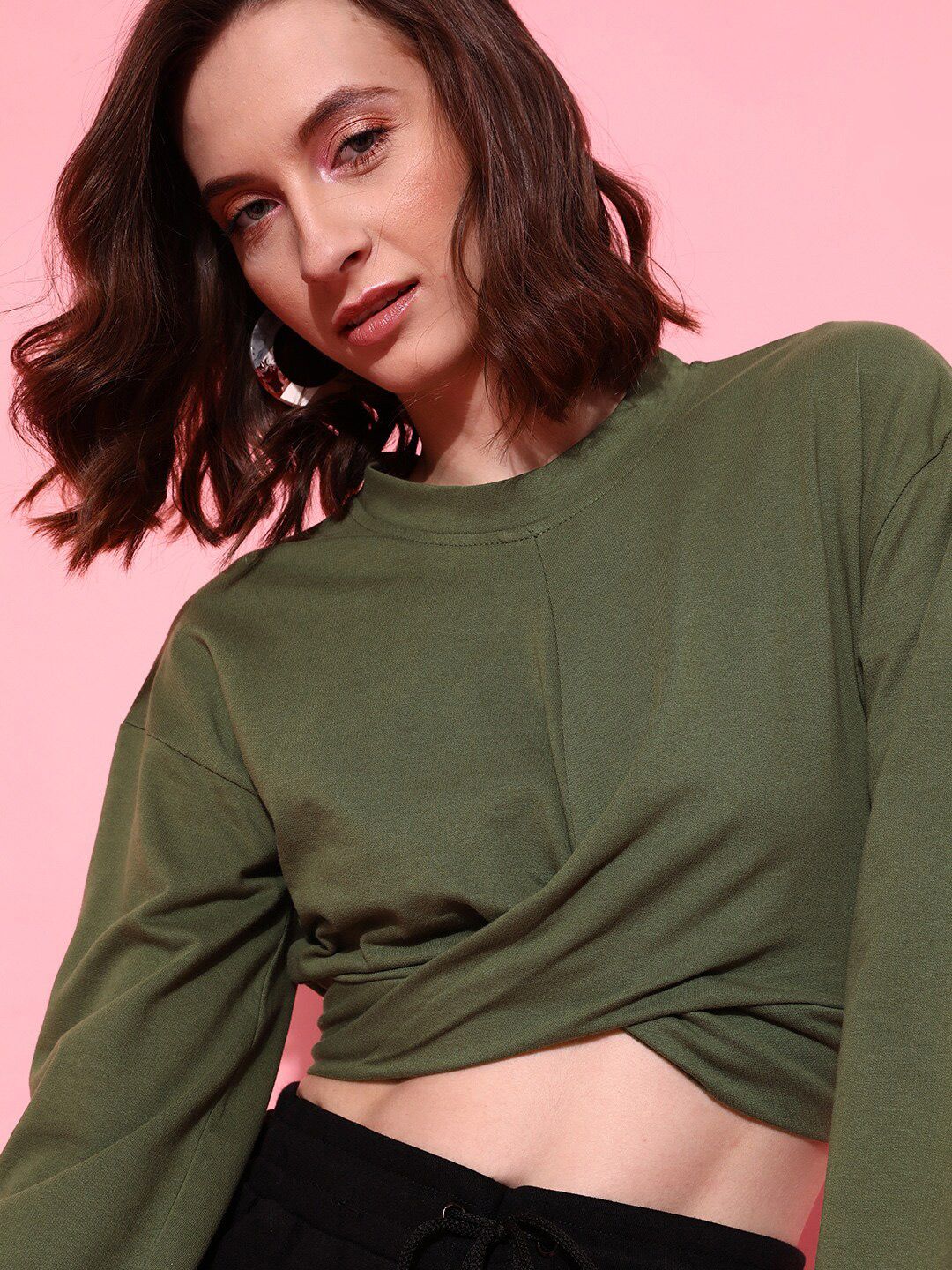 STREET 9 Women Lovely Olive Solid Crop Sweatshirt