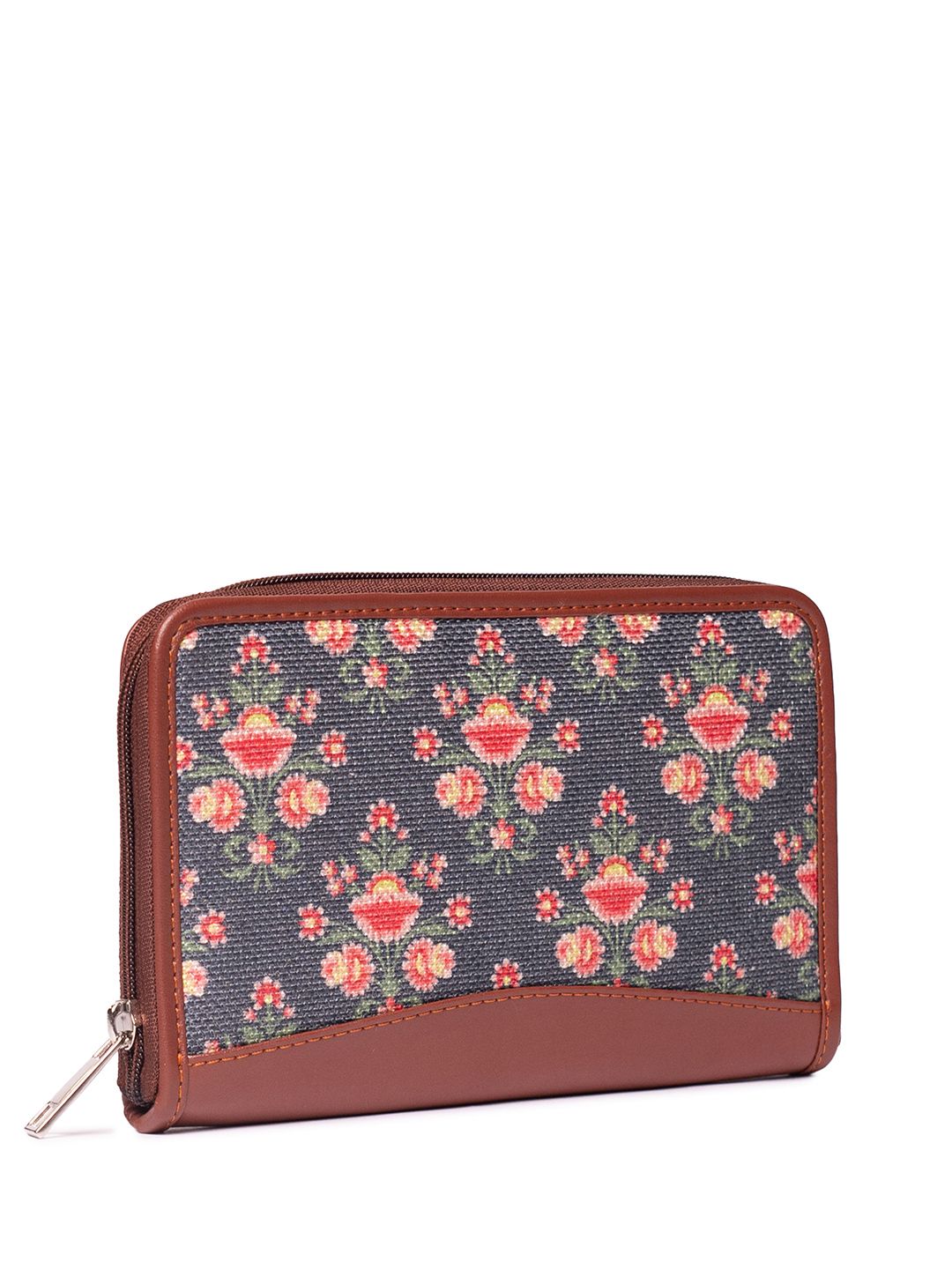 ZOUK Women Navy Blue & Pink Floral Printed Zip Around Wallet