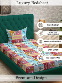 Myntra Elegant Homes Multicoloured Cartoon Characters 400 TC Single Bedsheet with 1 Pillow Covers