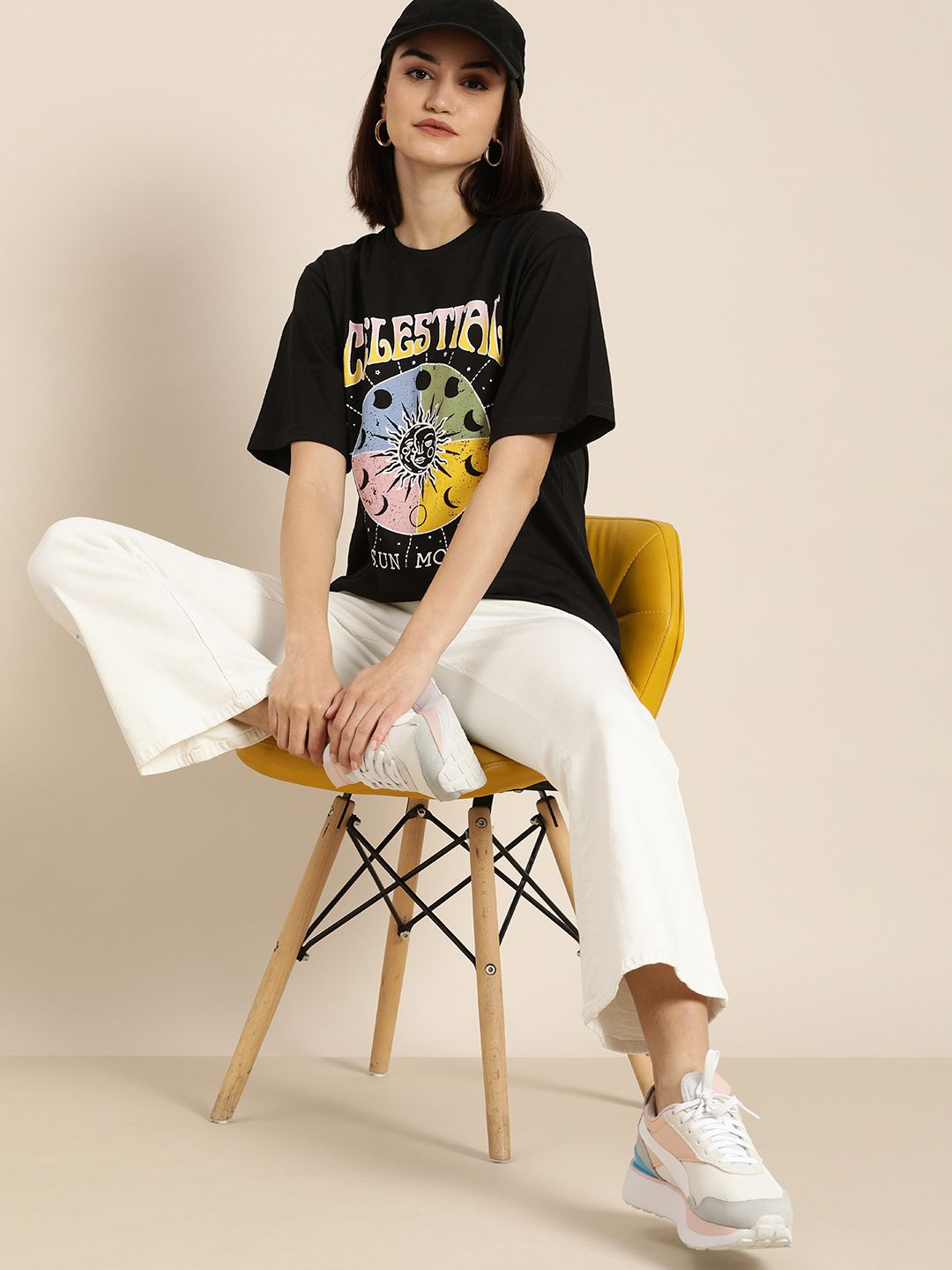 DILLINGER Women Black Printed Loose Pure Cotton T-shirt