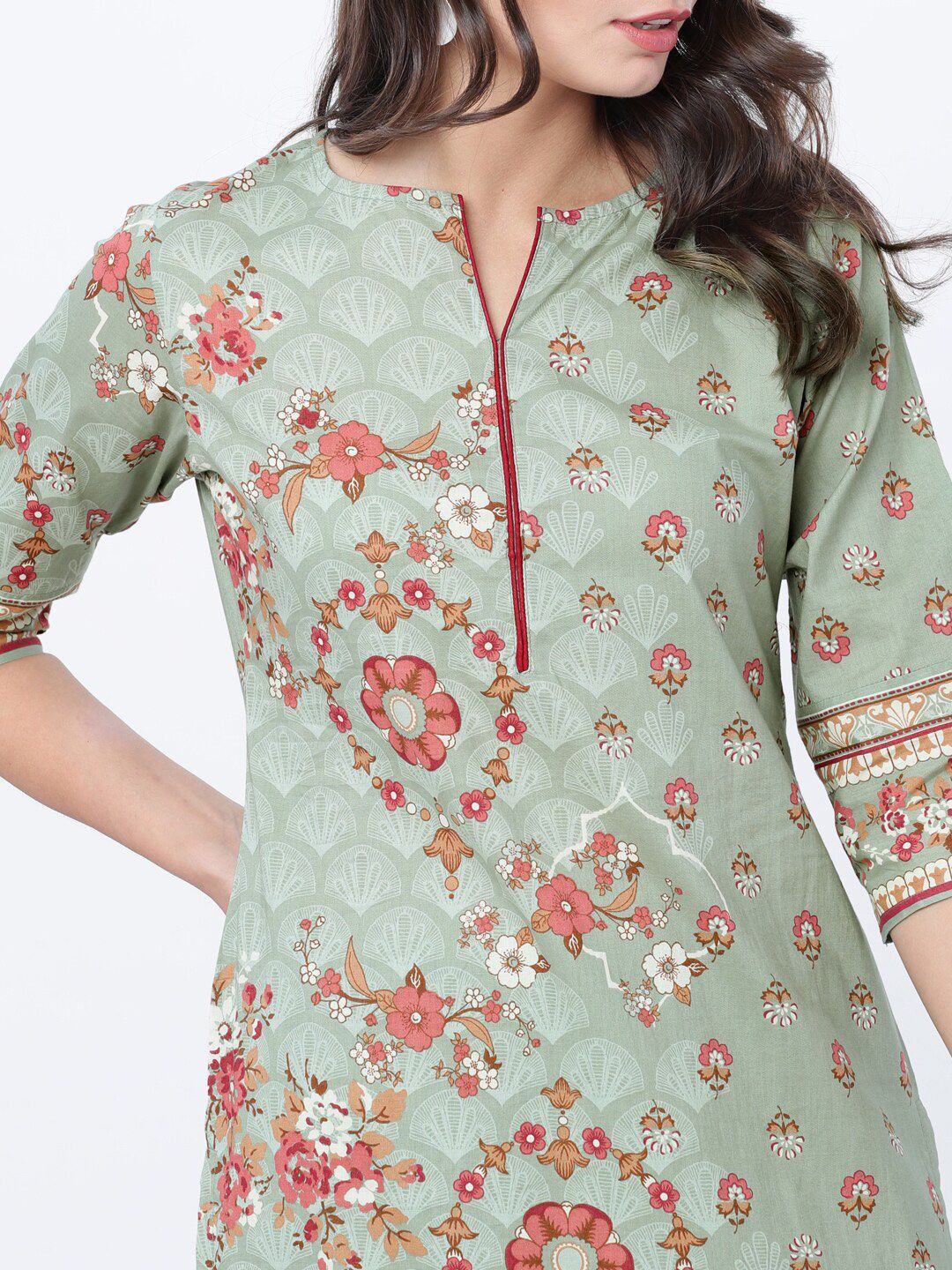 Vishudh Women Olive Green & Pink Printed Straight Kurta