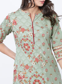Vishudh Women Olive Green & Pink Printed Straight Kurta