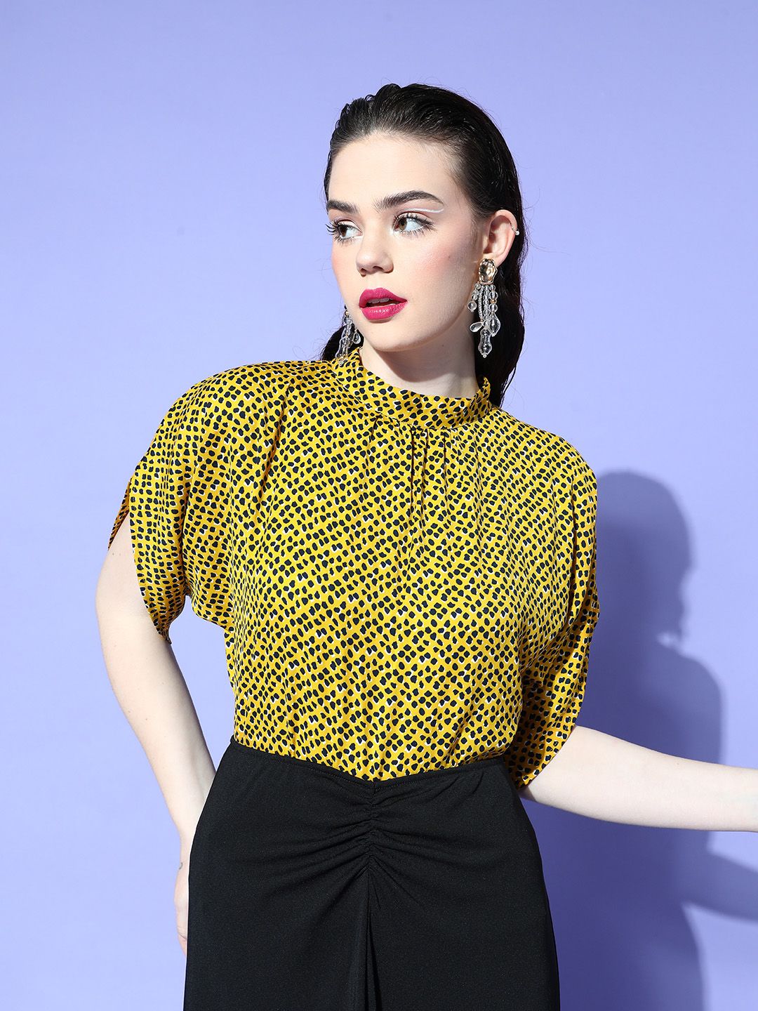 Berrylush Yellow & Black Animal Print Extended Sleeves Top