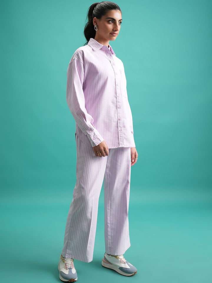 Tokyo Talkies Purple Striped Cotton Shirt With Trouser Co-Ords