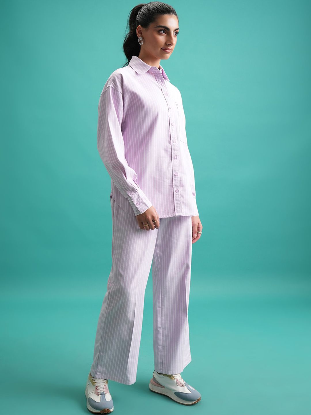 Tokyo Talkies Purple Striped Cotton Shirt With Trouser Co-Ords