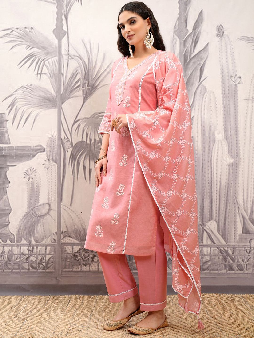 Vishudh Pink Floral Printed V-Neck Pure Cotton Straight Kurta With Trousers & Dupatta