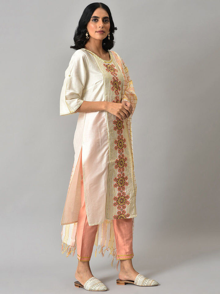AURELIA Women White Floral Embroidered Liva Kurta with Trousers & Banaras Dupatta