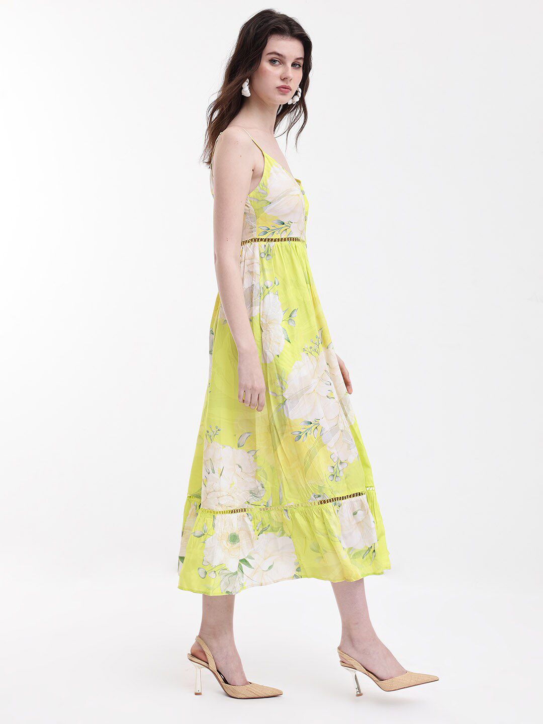 RAREISM Floral Printed Shoulder Straps Gathered Fit & Flare Midi Dress