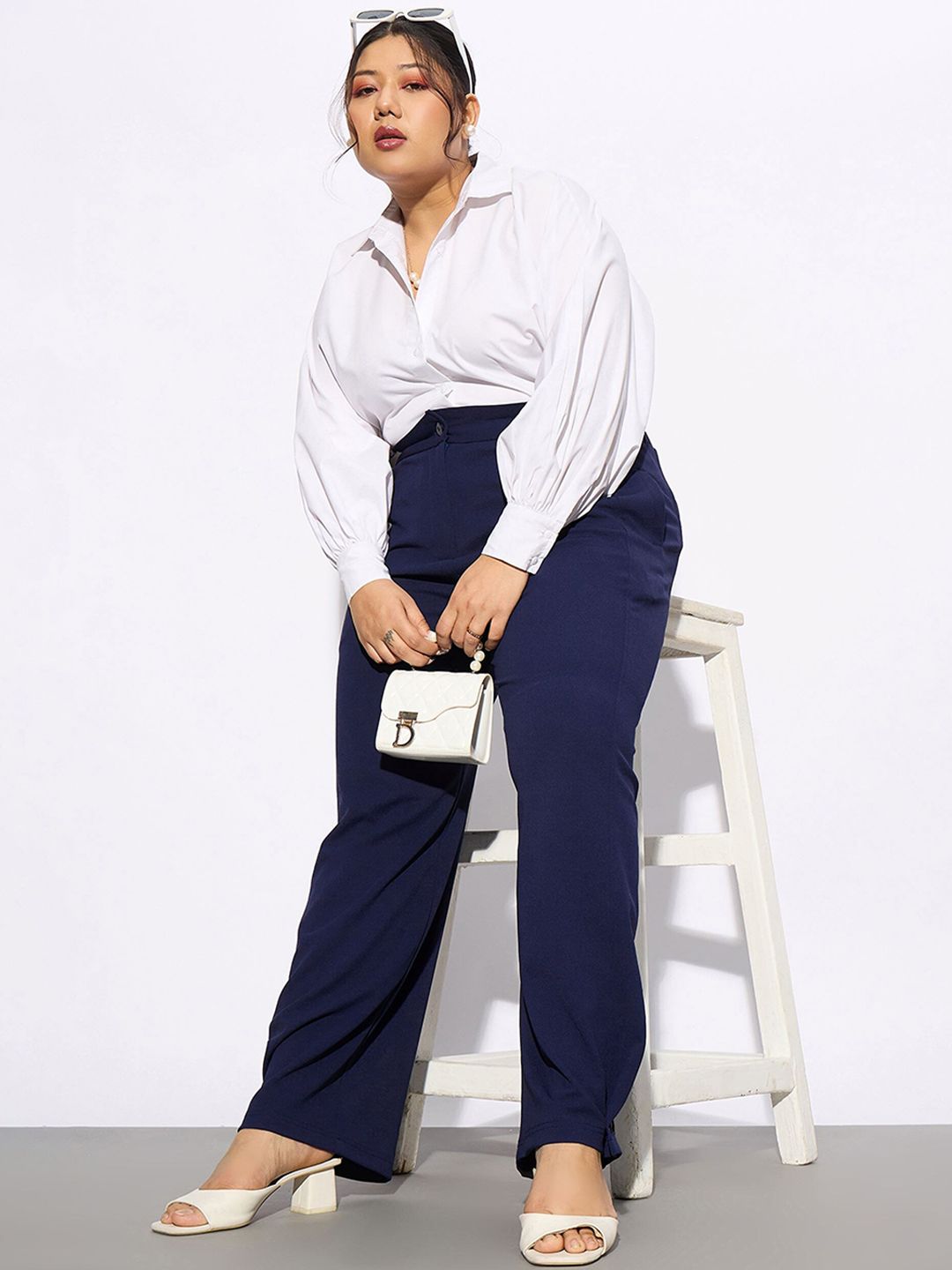 SASSAFRAS Curve Women Plus Size Navy Blue Straight Fit Hem Button Detail Parallel Trousers