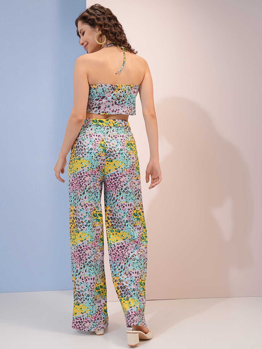 Tokyo Talkies Pink Animal Skin Printed Halter Neck Top And Trouser
