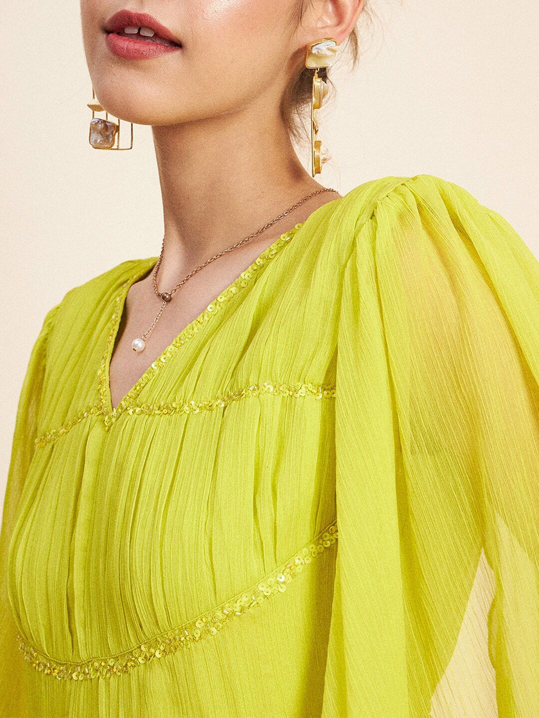 Antheaa Green V-Neck Slit Sleeves Embellished Detail Maxi Dress