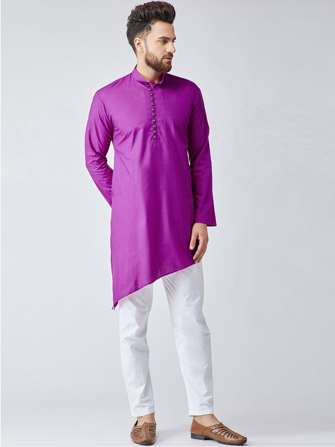 SOJANYA Lelaki Ungu Pepejal Kurta Lurus Asimetri