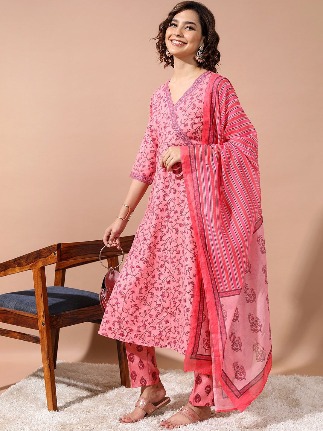 Vishudh Pink Ethnic Motifs Printed Angrakha Kurta With Trousers & Dupatta