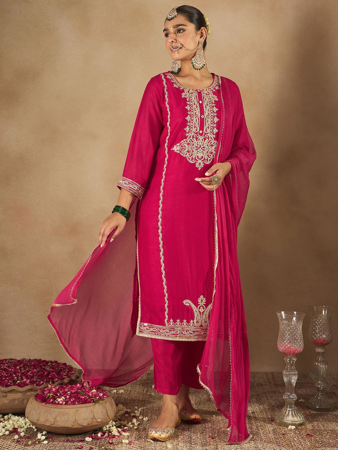 Indo Era Women Embroidered Regular Kurta with Trousers & With Dupatta