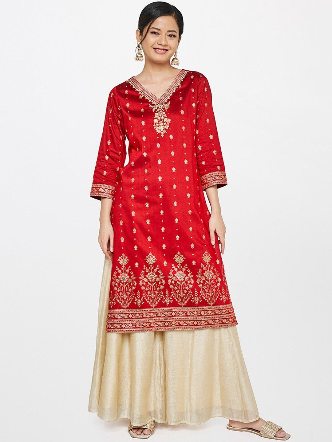 Global Desi Women Red & Gold-Toned Ethnic Motifs Thread Work Kurta