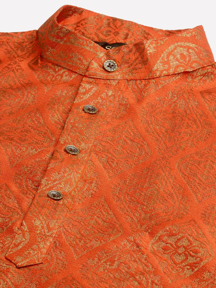 SOJANYA Men Orange Ethnic Motifs Jacquard Silk Kurta with Churidar & Nehru Jacket