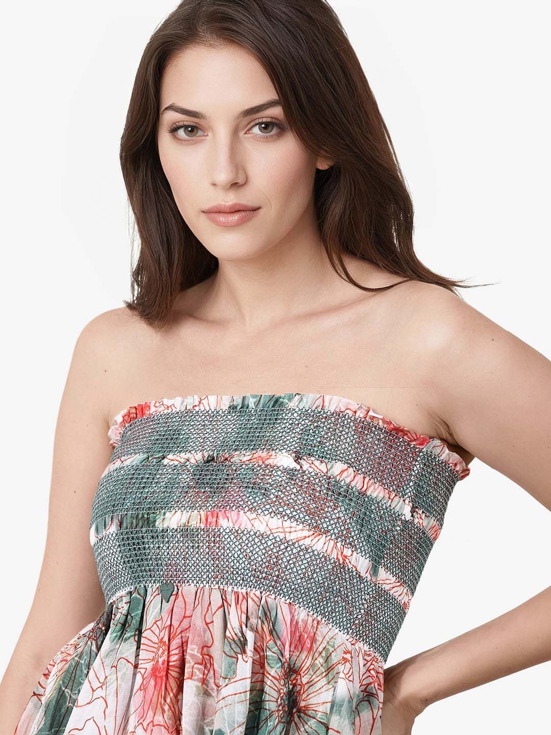 RAREISM Floral Printed Cotton Flared Off-Shoulder Fit & Flare Midi Dress