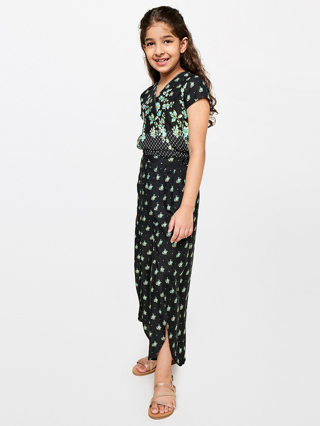 Global Desi Girls Black & Green Printed Top with Palazzo