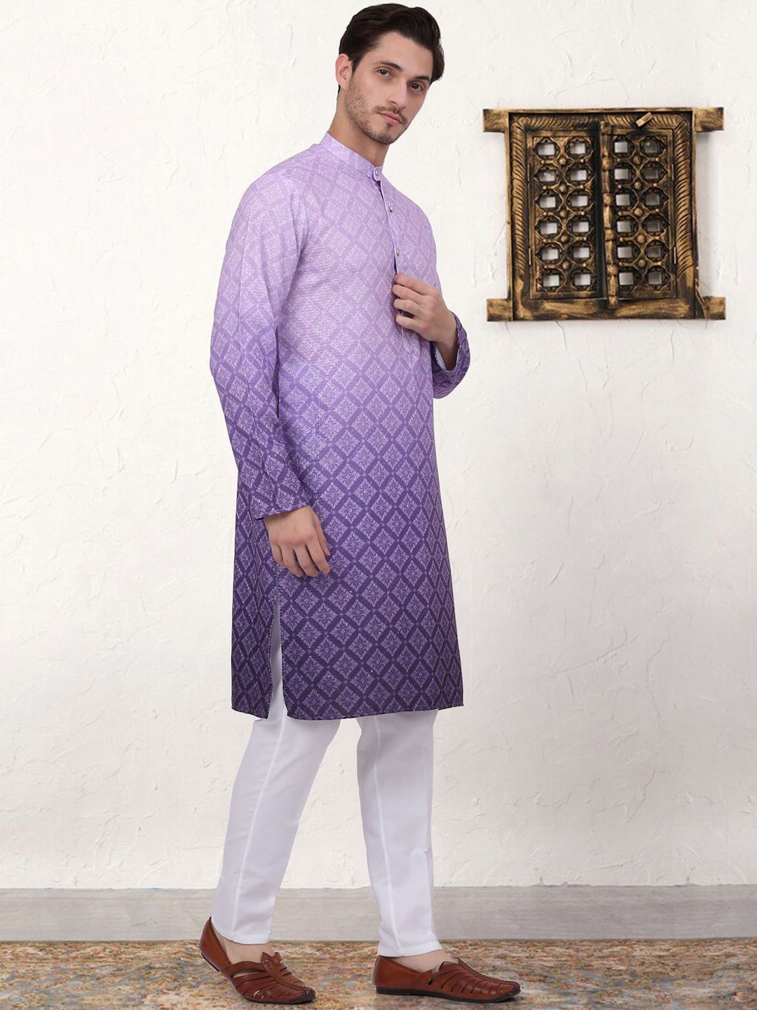Jompers Printed Mandarin Collar Regular Ombre Kurta with Pyjamas