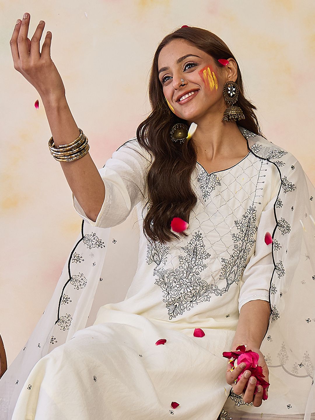 Indo Era Women Ethnic Motifs Embroidered Regular Thread Work Kurta with Trousers & With Dupatta