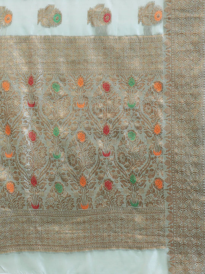 Saree mall Turquoise Blue Floral Silk Blend Banarasi Saree