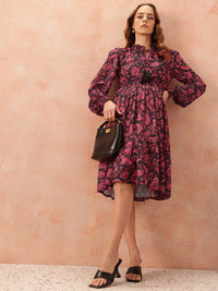 all about you Ethnic Motifs Print Tie-Up Neck Puff Sleeve Fit & Flare Dress