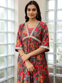 Libas Floral Printed Empire Sequinned A Line Kurta with Trousers & Dupatta