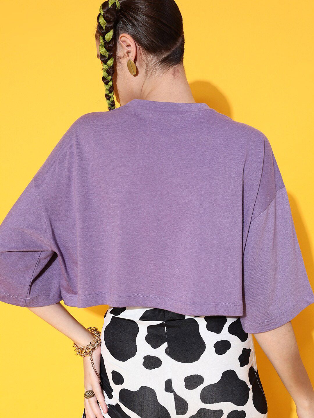 STREET 9 Women Lavender Printed Cotton Drop-Shoulder Sleeves Bio Finish Boxy T-shirt