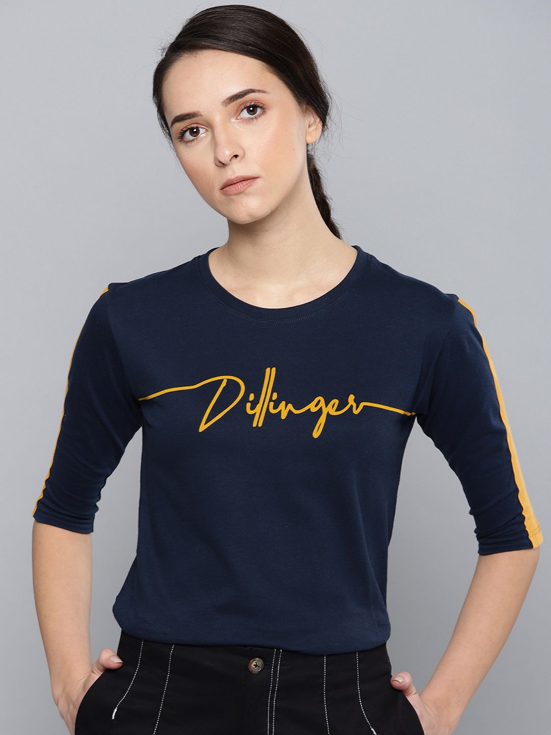 DILLINGER Women Navy Blue Printed Round Neck Pure Cotton T-shirt