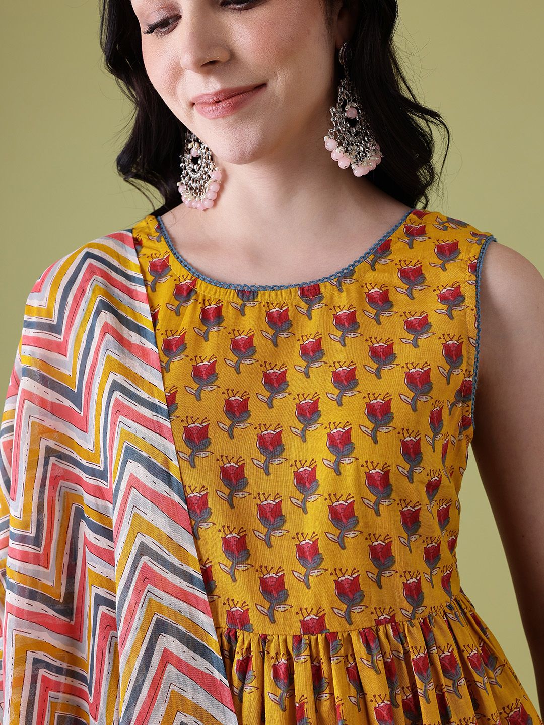 Anouk Floral Print Pleated Pure Cotton Kurta with Trousers & Dupatta