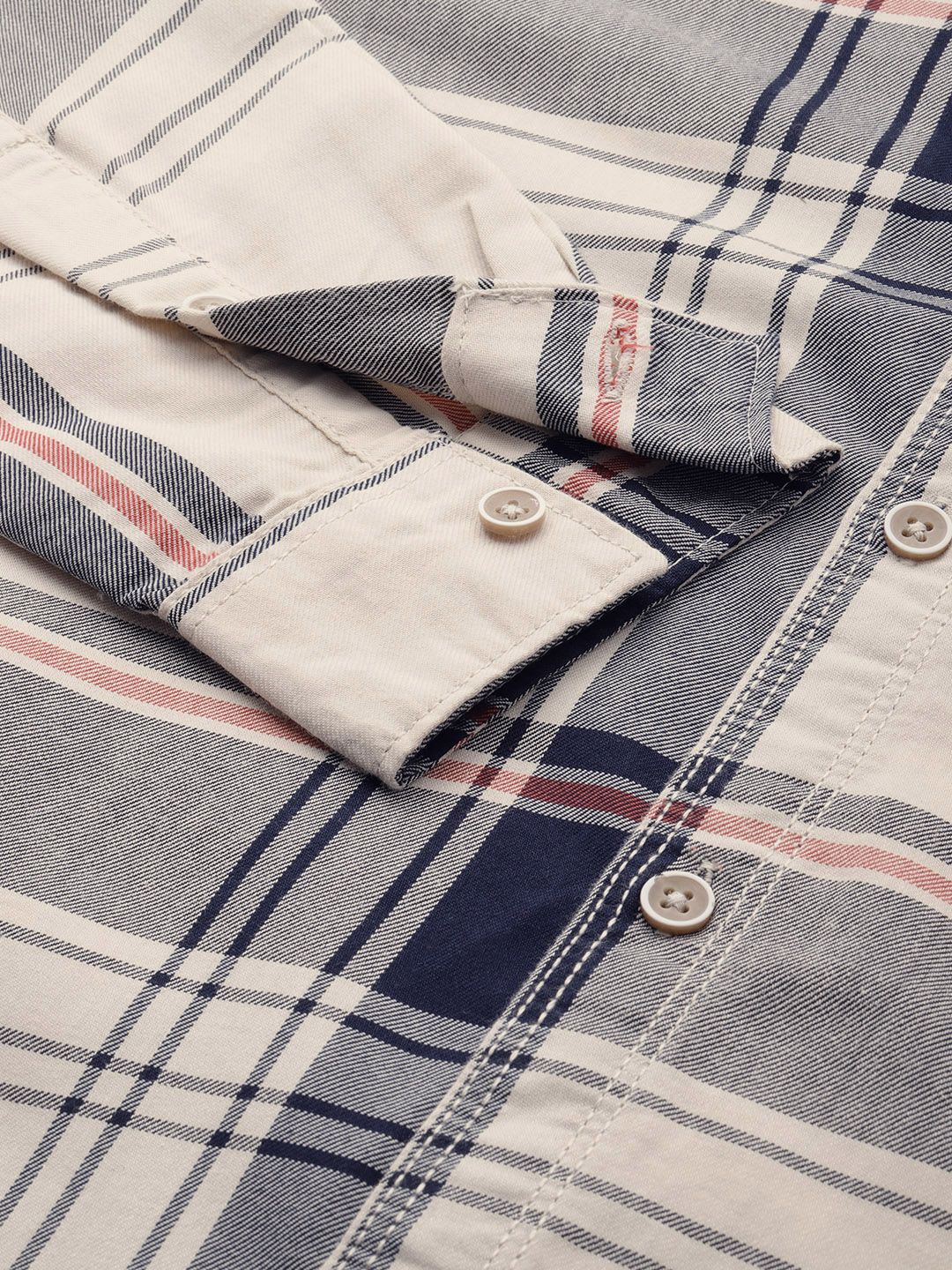 The Indian Garage Co Men Cream-Coloured & Navy Blue Tartan Checked Shirt