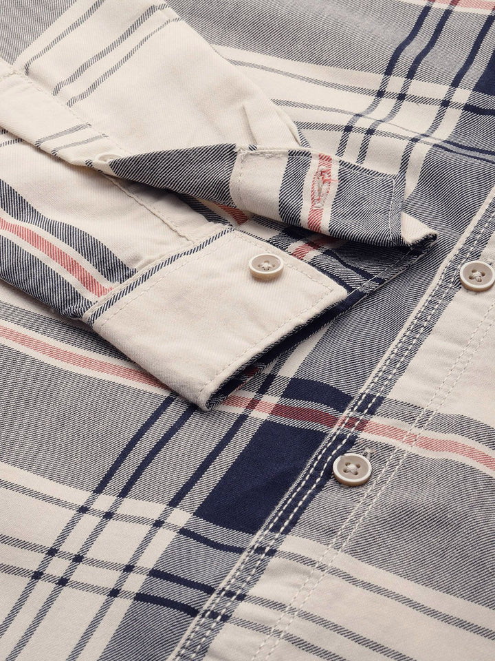 The Indian Garage Co Men Cream-Coloured & Navy Blue Tartan Checked Shirt